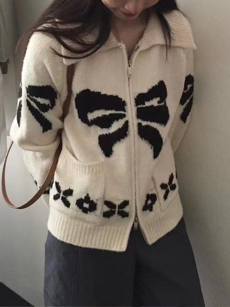 Autumn French Fashion Sweet Knitted Cardigan Women Harajuku White Design Aesthetic Print Sweater Female New Casual Elegant Chic Warm Coat