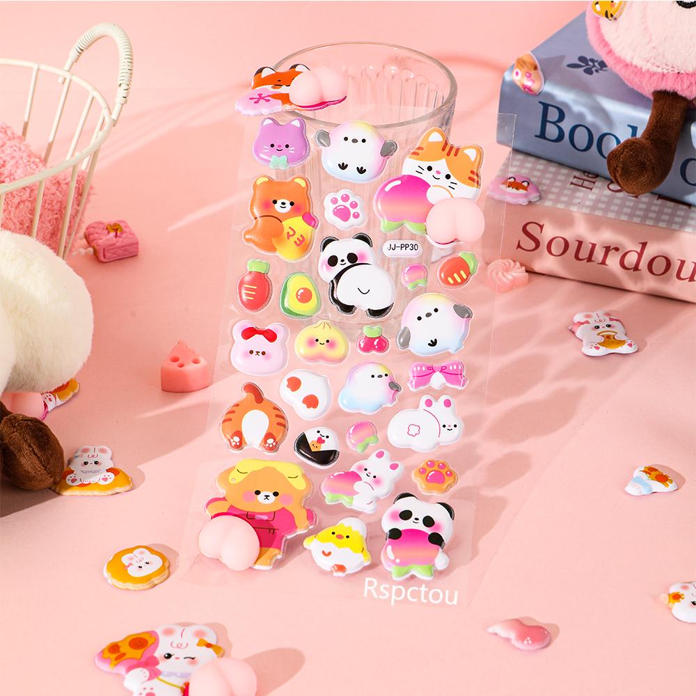 8pcs 3D Cute Animal Buttocks Stickers Cat Rabbit Panda Stress Puffy Squishy Sticker for Scrapbook Phone Decoration Decal
