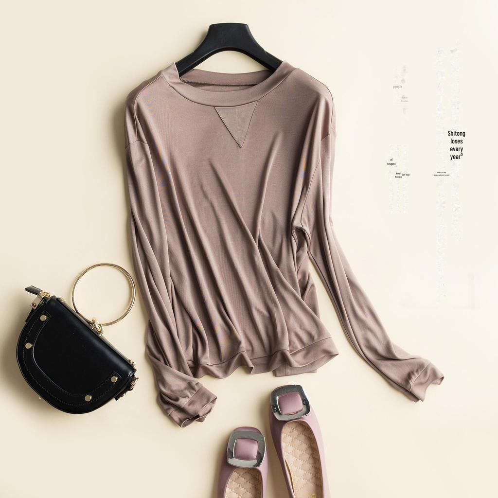 New Women's Silk Long-Sleeve Round Neck T-Shirt - Loose Fit Korean Style for Autumn