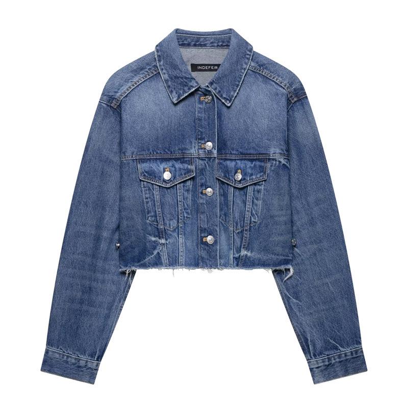 

Women s European-Style Frayed Edge Short Denim Jacket with Lapel Medium
