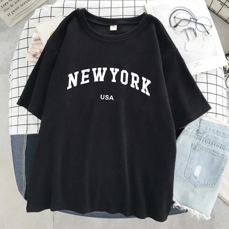 New York Usa Stadt Buchstaben Grafik T-Shirts Für Damen Atmungsaktives Baumwoll-T-Shirt Street Tee Shirtstreet Übergroß Kurzarm