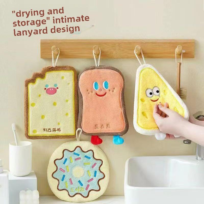 Cheese Toast Cute Cartoon Hand Towel, Kitchen and Bathroom Hanging Quick Drying Cloth, Coral Fleece Thick Towel