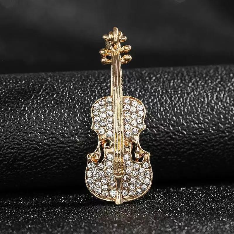 Elegant Unisex Violin Brooch with Rhinestones - Fashionable and Versatile Accessory