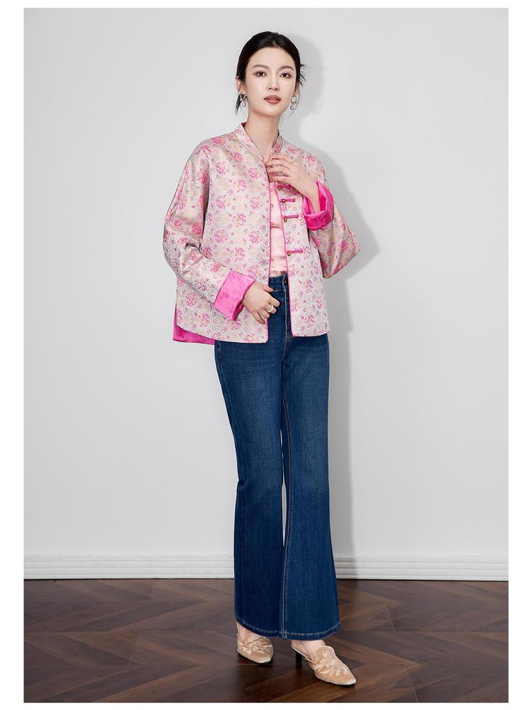 Women's Autumn Reversible Jacquard Jacket - New Chinese Style with Auspicious Dragon & Fortune Fish Design