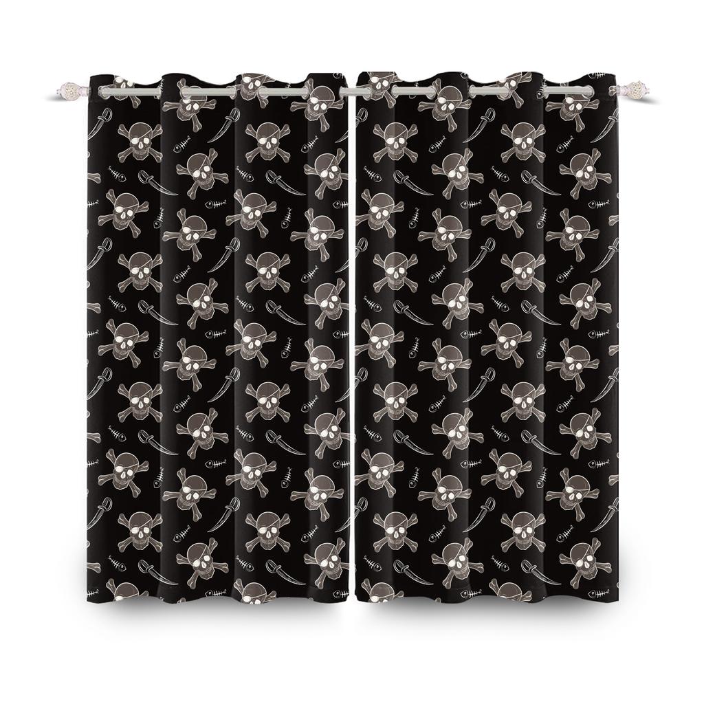 2pcs/set Skeleton Skull Black Window Curtain Horror Halloween Haunted House Home Bedroom Decor Blackout Polyester Fabric Curtain