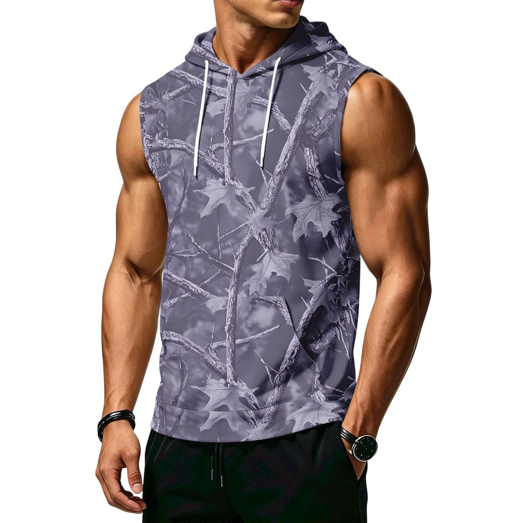 Men’s Athletic Sleeveless Hoodie with Drawstring Hood and Front Pocket Casual Loose Fit Camouflage Patterned Vest Top