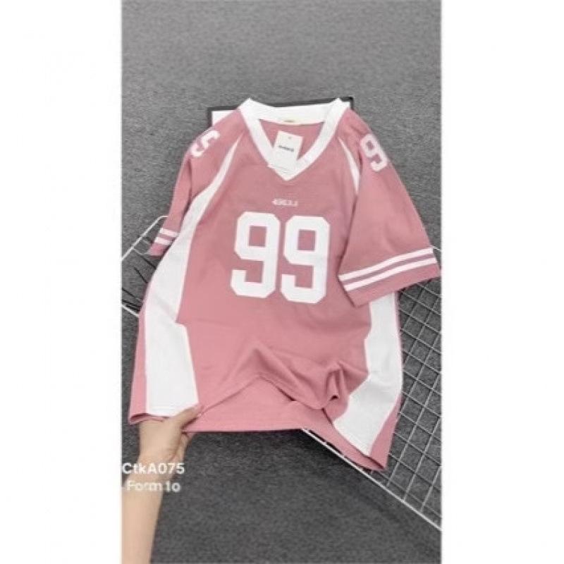 American high street casual sports baseball collar contrasting color short-sleeved T-shirt women's summer loose print half-sleeved top