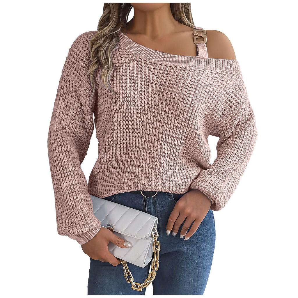 Women's Fashion Casual Loose Metal Buckle Spliced Off-Shoulder Sweater Solid Color Long Sleeve Sweater Pullover Top