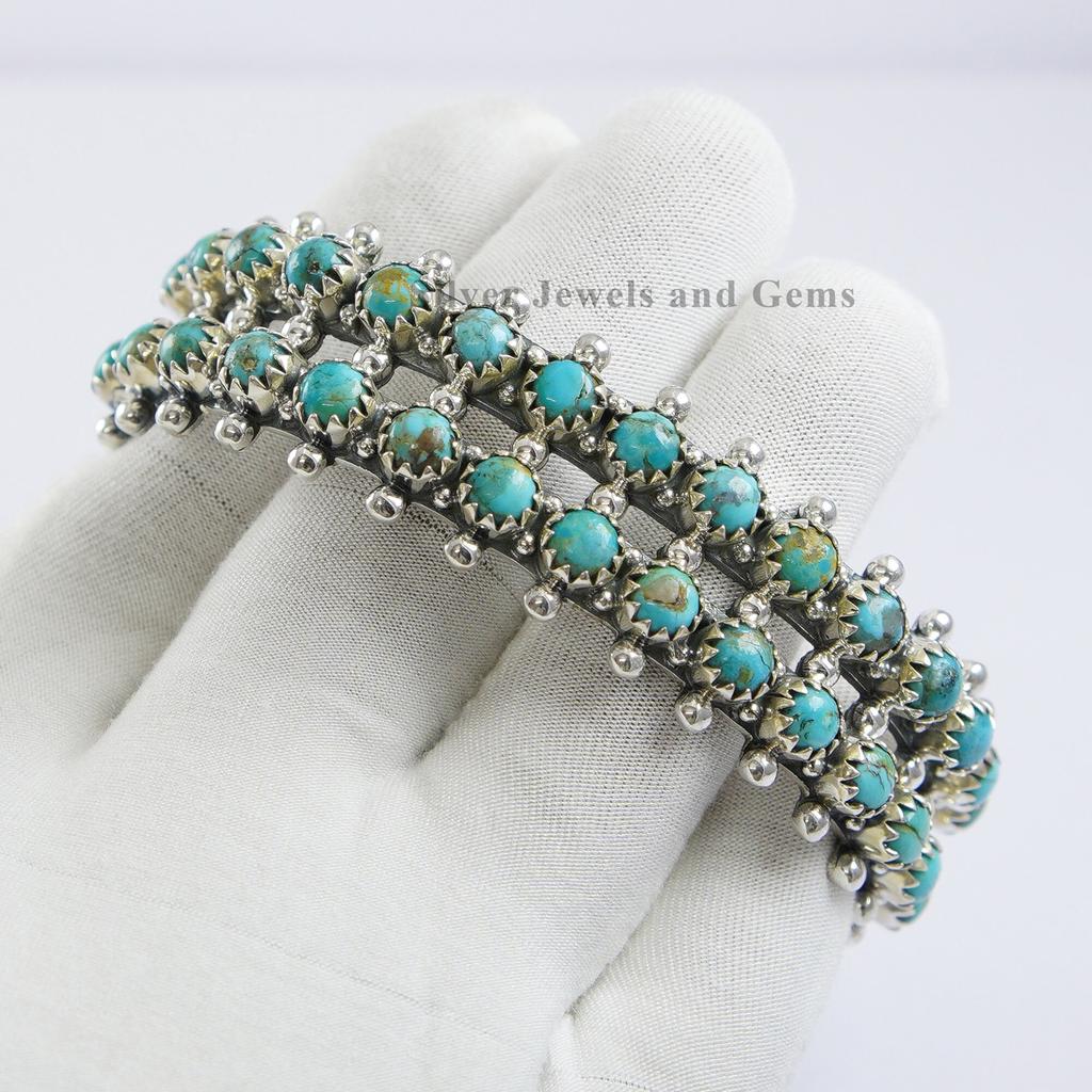 Kingman Turquoise Sterling Silver Cuff Bracelet, Two-Row Boho Bangle