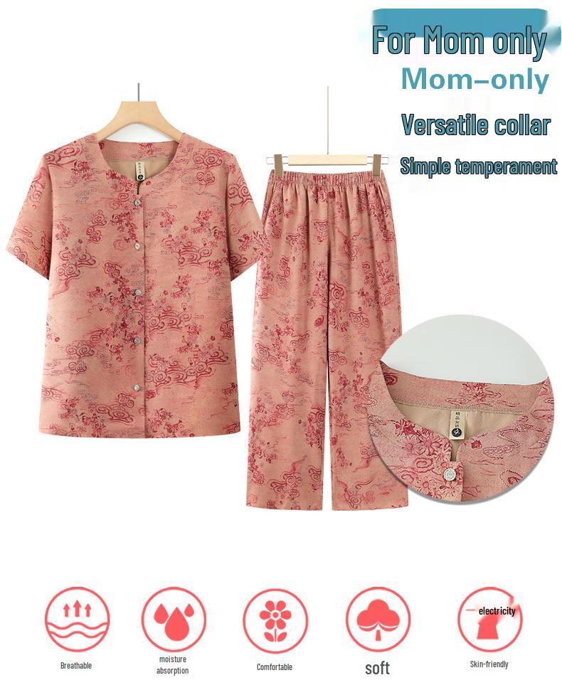 Summer Plus-Size Two-Piece Stylish Set for Middle-Aged & Elderly Women with Short Sleeves