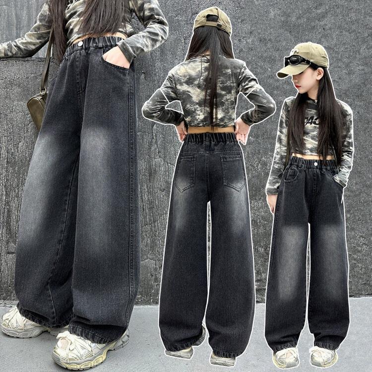 Dziecięce Dżinsy Czarne Proste Vintage dla Dziewczynki w Wieku Szkolnym Codzienne Dżinsowe Spodnie z Efektem Ombre Dziecięce Nowa Moda Dżinsy Spodnie 4-14 lat