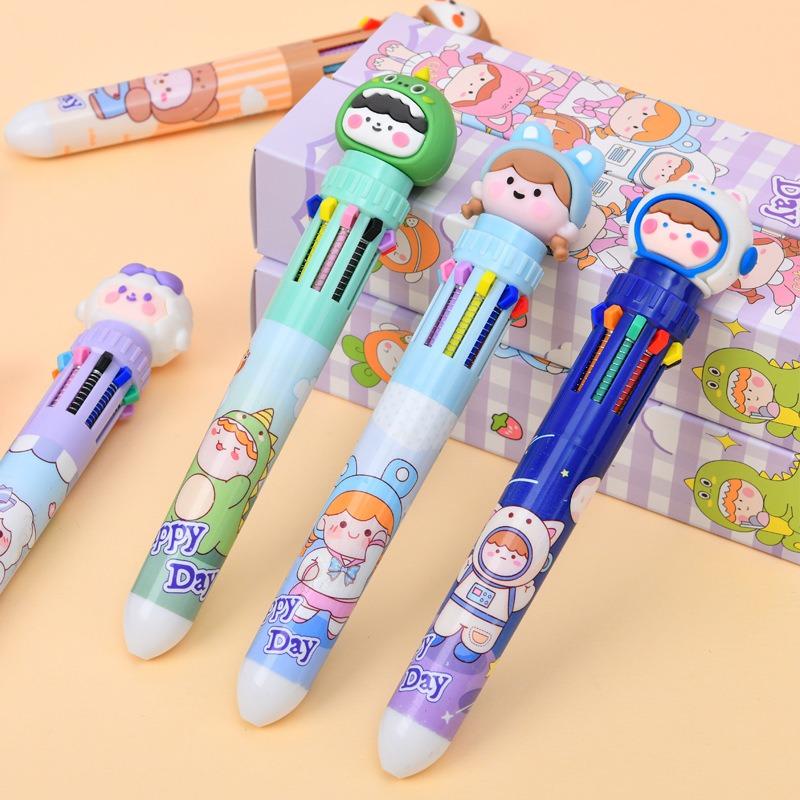 1Pc10 Colors Cute Cartoon Ballpoint Pen Kawaii Multi-Color Writing Supplies Notes Paintings Hand-Held Pens Student Gift