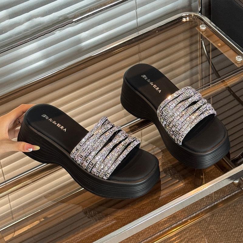 One-word Slippers Slope Heel Rhinestone Thick-soled One-word Slippers 2025 Summer New Outer Wear with Skirt Open-toed Cool Slippers