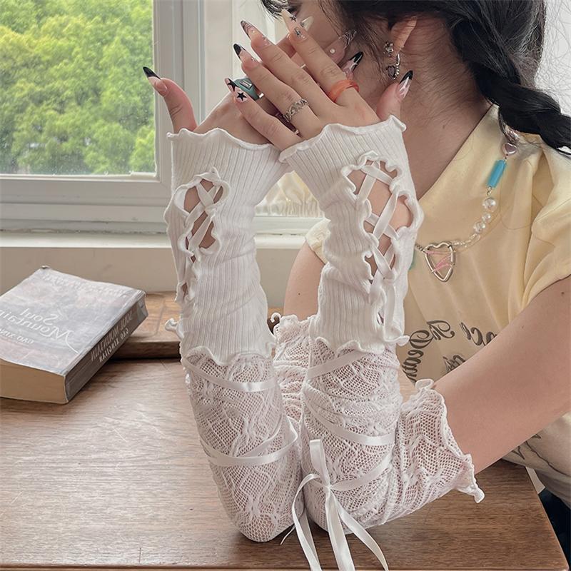 Damen Schnürband Spitze Fingerlose Heiße Sexy Armstulpen DIY Schnür-Sonnenhandschuhe Elastisches Netz Punk Handschuhe Bekleidungszubehör