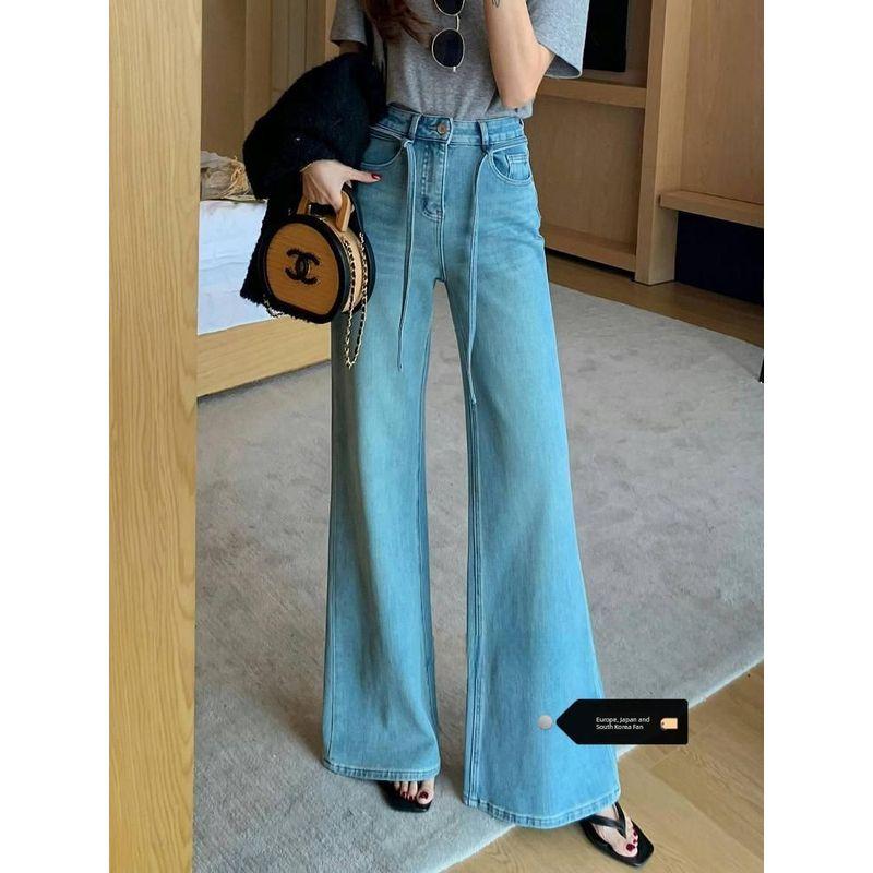 

Большой размер Светло-голубые Неприлипающие Джинсы-дудочки Женские 2025 Лето Новые Четырехсторонние Эластичные С высокой талией Широкие брюки-клеш Light Blue [Premium Edition] S