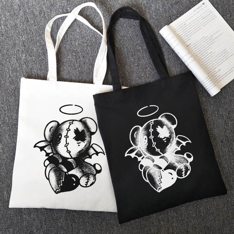 Gothic Evil Bear Women Bag Hip-hop Casual Big Capacity Canvas Bag Ulzzang Letter Women Shoulder Bags Punk Harajuku Shopper Bag