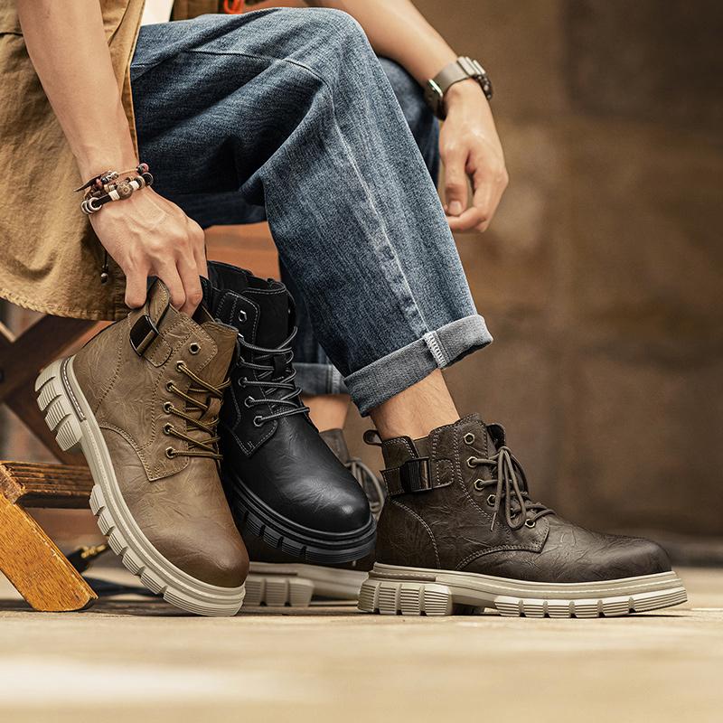 Retro Men's Ankle Boots Waterproof Casual Leather Boots High Top Shoes for Men Non Slip Work Boots