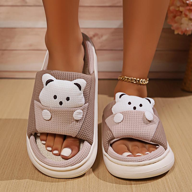 Fashion Cute Cartoon Bear Linen Slippers Women Breathable Sole Four Season Indoor Slippers Comzy Plus Size 45 Unisex House Slides Shoes