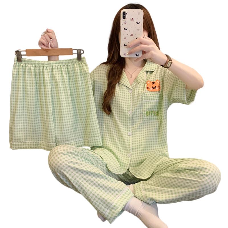 Cartoon Plaid Thin Summer Pajamas Women'S Cloud Cotton Short-Sleeved Three-Piece Set Student Loungewear