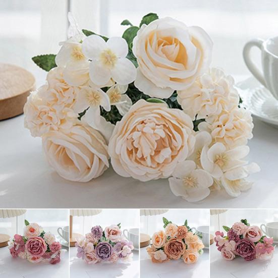 Artificial Rose Bouquet Realistic Fake Silk Flower with Green Leaves Home Wedding Party Table Centerpiece Indoor Outdoor Faux Bloom Decoration