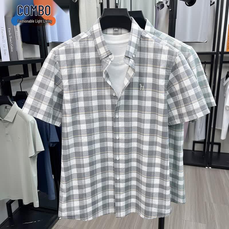 Men s Cotton Plaid Short Sleeve Casual Shirt L
