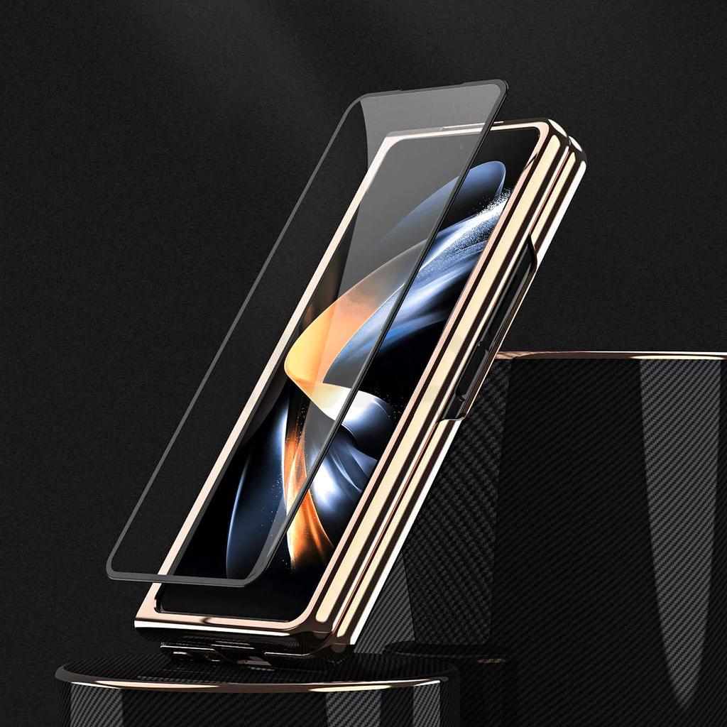 Elegant Plating Leather Ring Bracket for Samsung Galaxy Z Fold 6 5 4 3 Magnetic Case with Tempered Film Folding Shockproof Cover