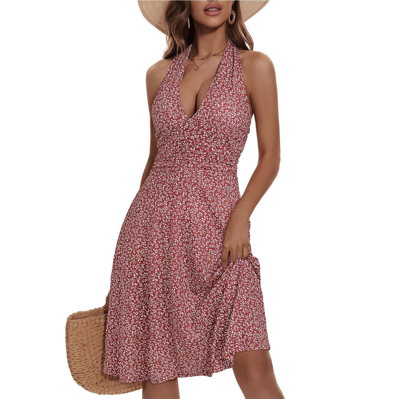 

Women s Summer Dresses Sleeveless Tie Solid Color Printed Pattern Pocket Elastic Waist Ruffle Dresses XL
