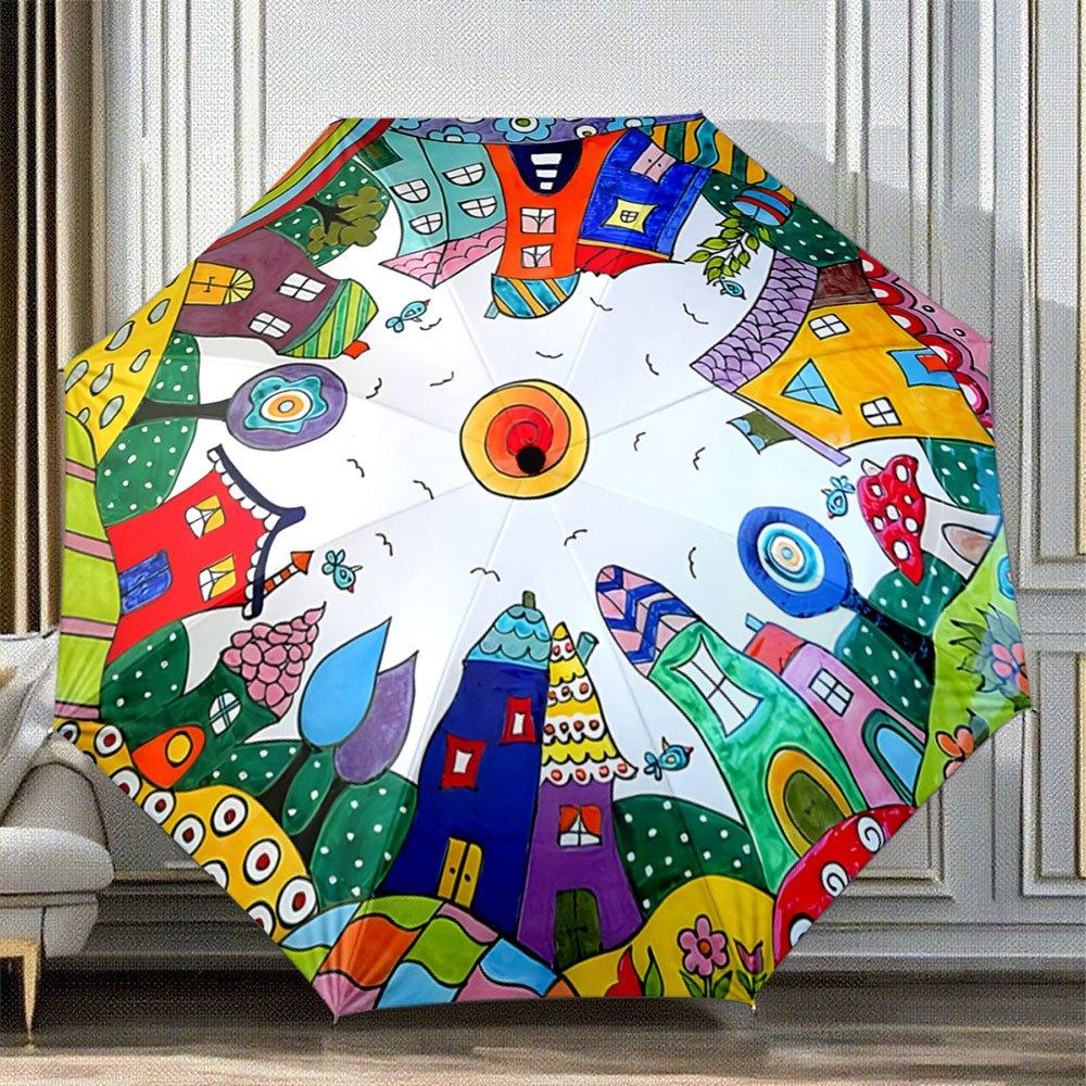 

Automatic Folding Umbrella Colorful whimsical houses with a central sun-like pattern. Portable collapsible design, casual outd (as the picture,iron&8K)