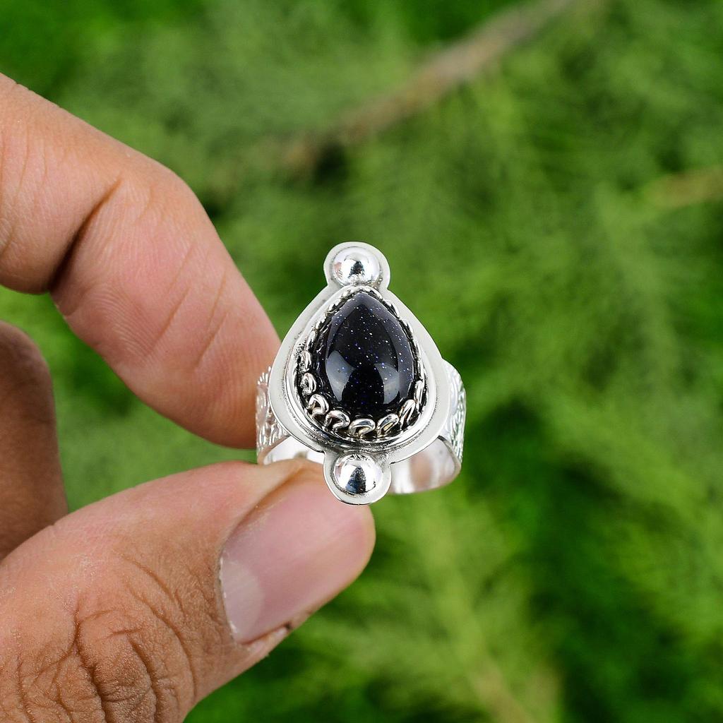 Pear Blue Sunstone Stone Bezel Solitaire Promise Ring Jewelry Sterling Silver