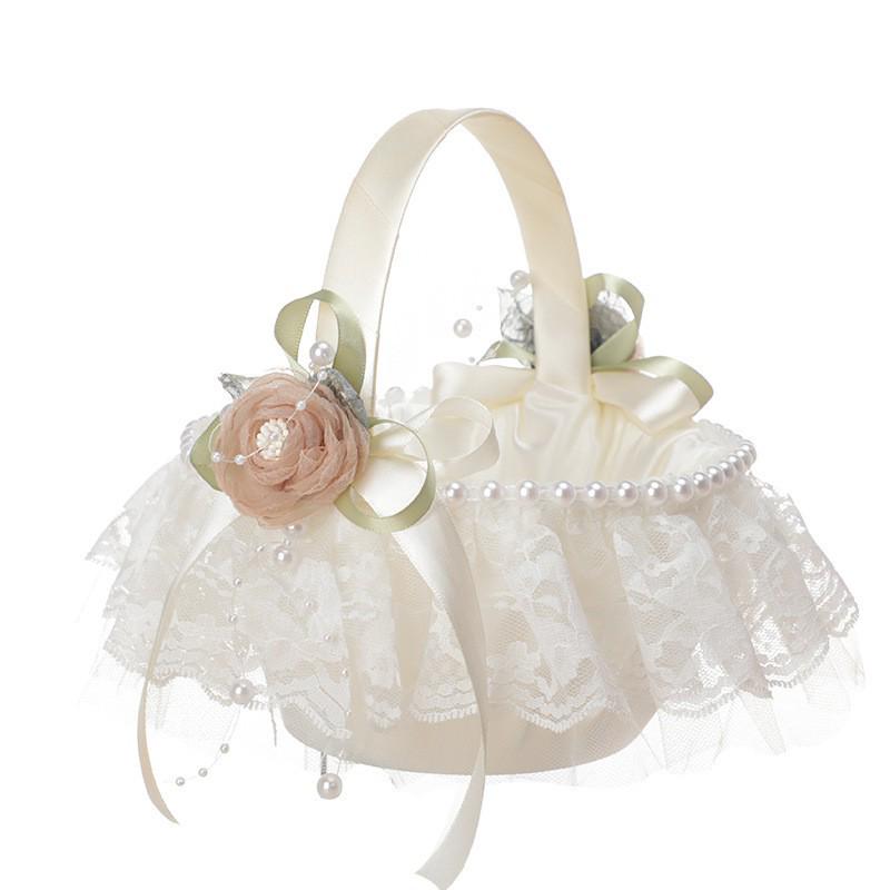 Ivory White Rose Wedding Flower Basket for Bride and Flower Girl