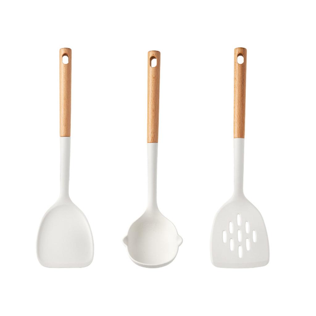 Food Grade Silicone Kitchen Utensils Set Beech Wood Handle Heat Resistant Non-Stick Cookware Spatula Spoon Whisk Tongs