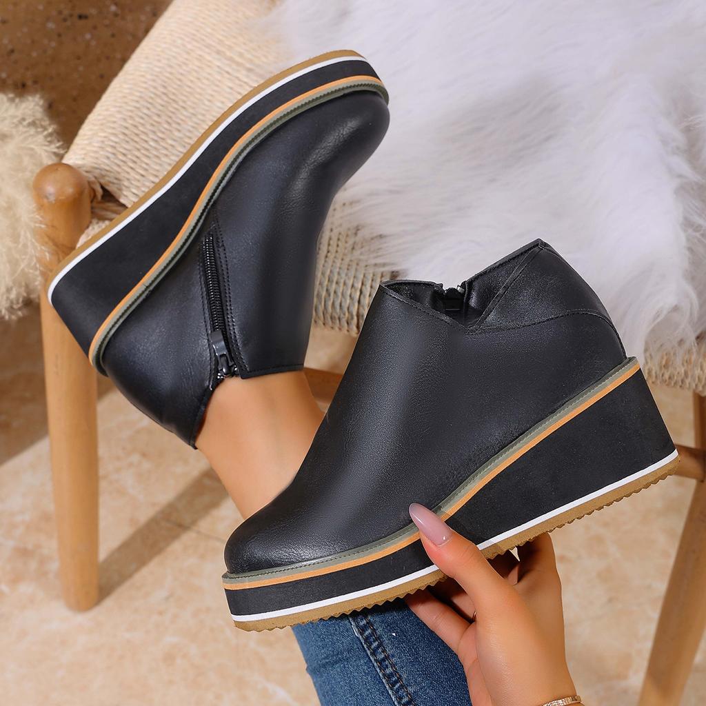 New autumn and winter women's short boots thick-soled wedge heel round head side zipper fashion boots large size women's shoes