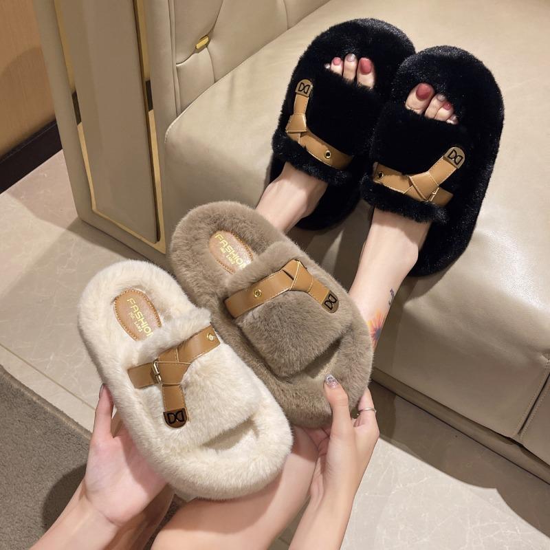 Thick-soled Wool Slippers Women's Autumn and Winter Outer Wear Gentle Fluffy Shoes One-word Drag Design Sense Large Size Plush Drag