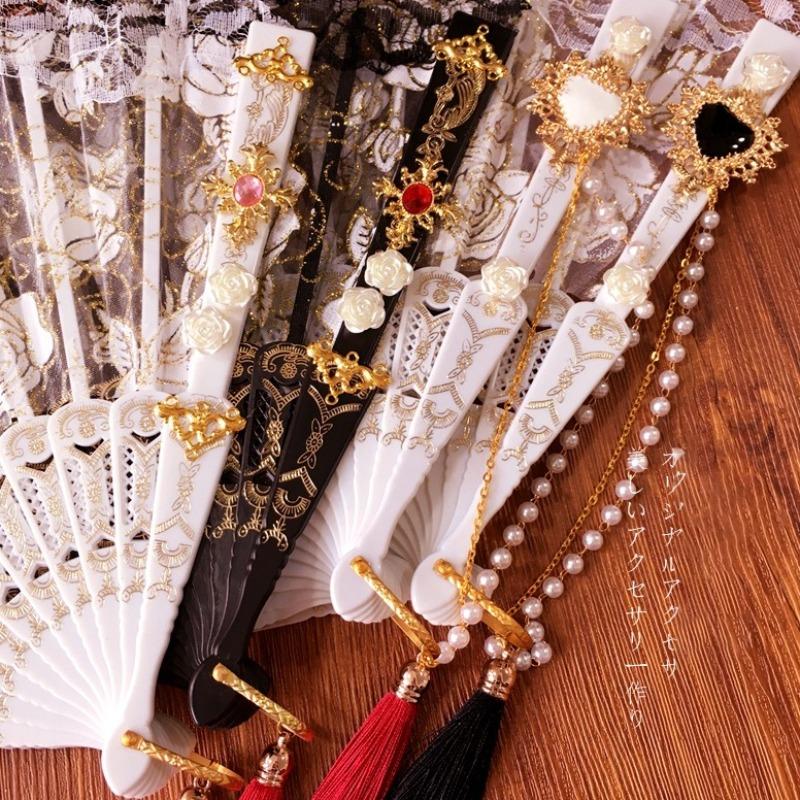 Faltbarer Weißer Spitzenfächer Handheld Lolita Cosplay Barock Rose Schwarz Faltbarer Vintage-Fächer für Party Hochzeit Tanz Dekoration