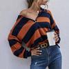 Autumn Versatile Loose Top Women's Striped Long-sleeved Lapel Sweater Thin