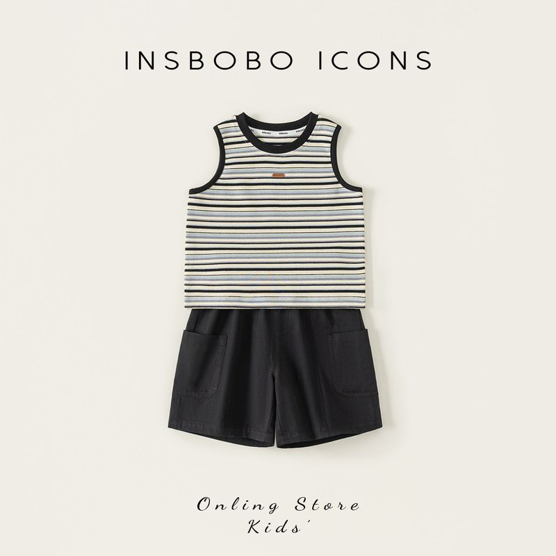 Insbobo Boys  Summer Outfit 2026 New Style Boys  Vest Two-Piece Set Summer Baby Striped Clothes Stylish Blue and Black Stripes 100