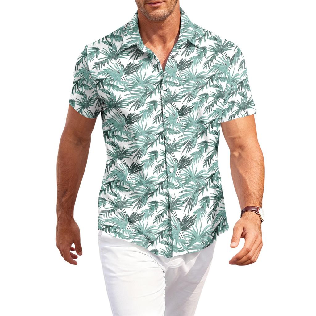 Men's Casual Loose Fit Hawaiian Print Short Sleeve Shirt Button Down Beach Vacation Shirt Lightweight Breathable Summer Top