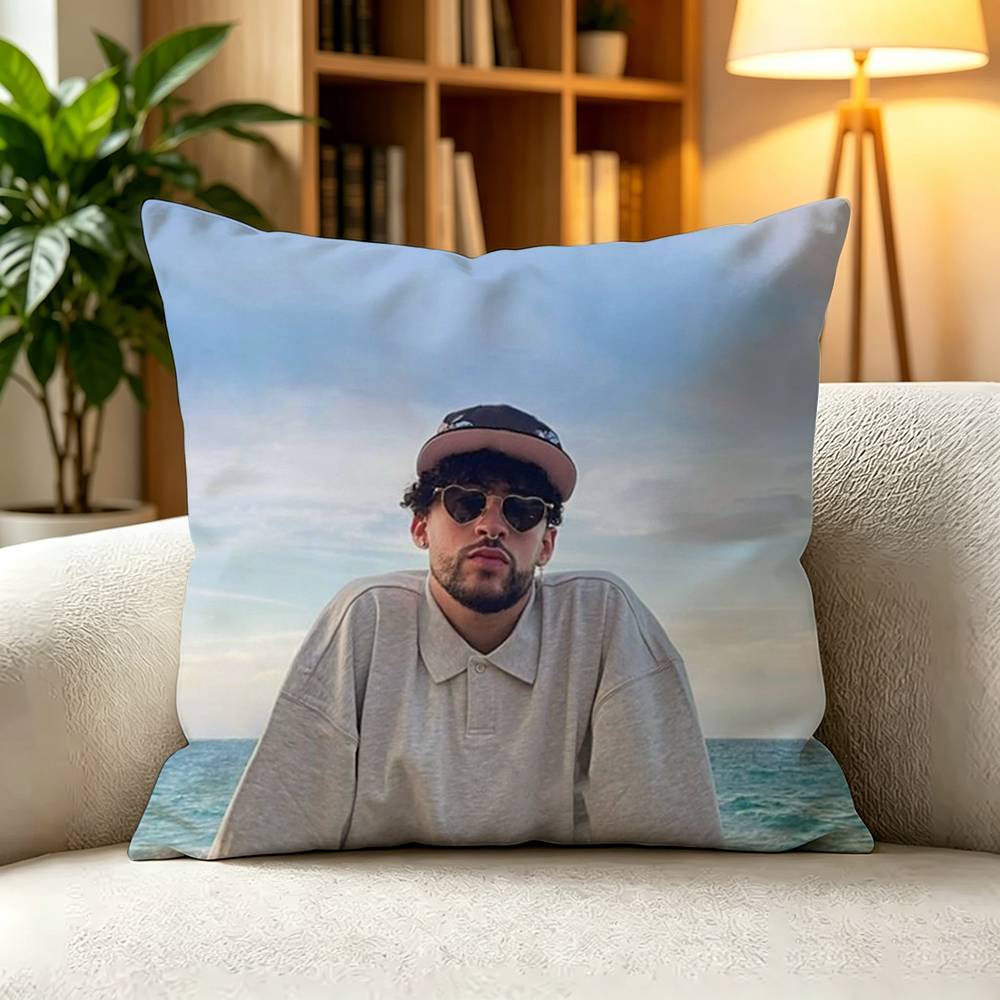 BBad Bunny Reggaeton Rapper Square DoubleSided Printed Pillow Case Bedroom Bedside Pillow Sofa Cushion Cover