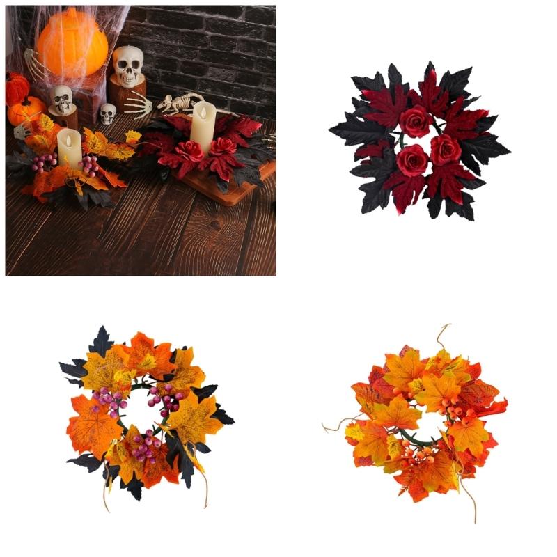 Fall Maple Leaf Candle Wreaths Pack of 5 Tealight Candle Holders Rings for Halloween Parties Table Centerpieces Decors