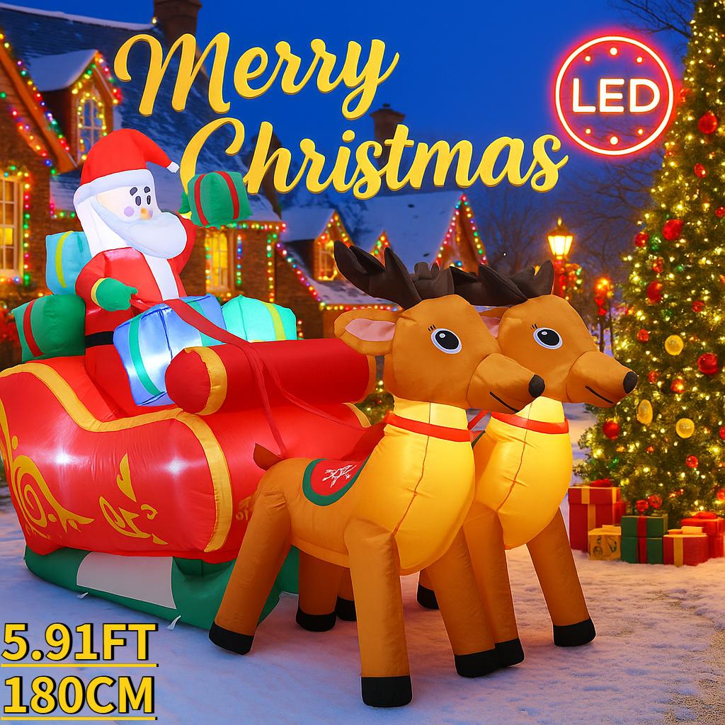 

5.91ФТ Рождественские надувные игрушки Светодиодные Санта-Клаус Сани Олень Принадлежности Домашнее украшение Праздничный подарок Рождественское украшение двора UK