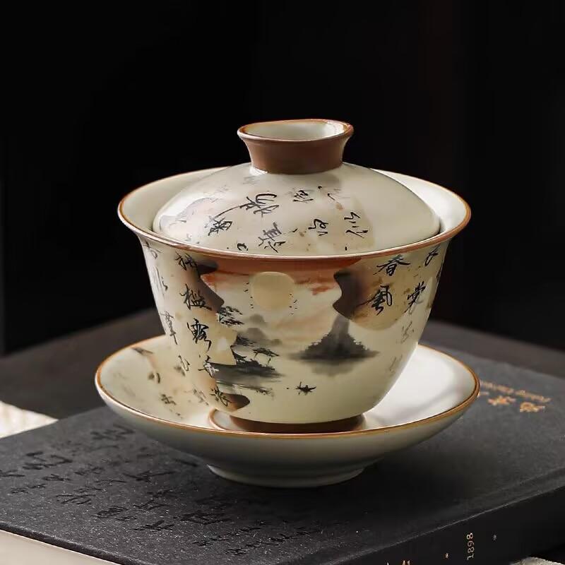 Beige Ru Kiln Three-Color Cover Bowl, Single Tea Bowl, Not Hot, High-End Kung Fu Tea Set, Guofeng Cat Ceramic Cup With Lid