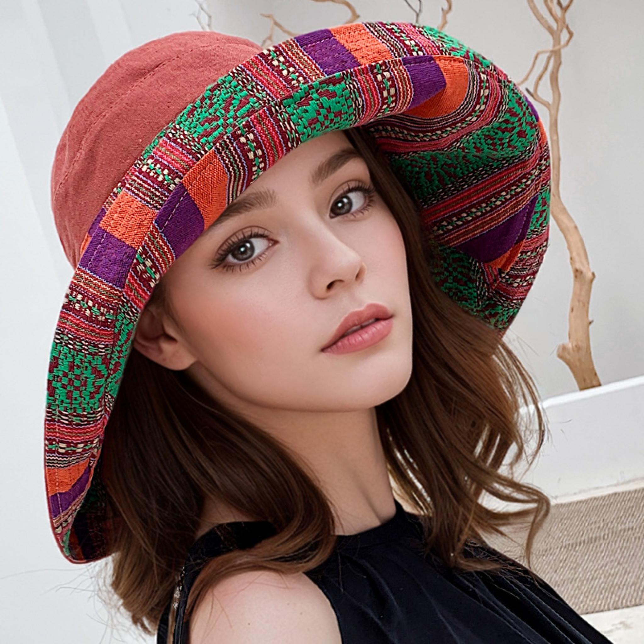 

Женская двусторонняя шляпа-ведро в стиле бохо - Легкая, дышащая полиэстеровая шляпа от солнца с широкими полями для пляжа, путешествий и моды, Модный аксессуар оранжевый