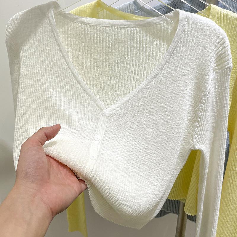 Women's V Neck Long Sleeve Slim Fit Knit Cardigan Single Breasted Short Knit Top