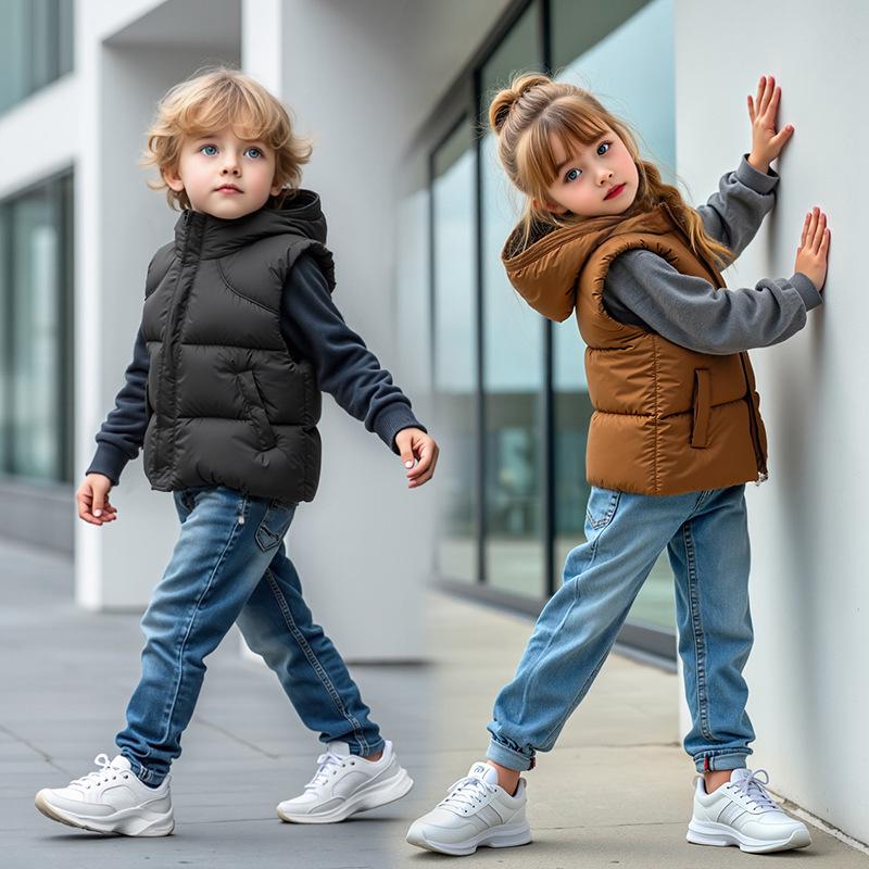 2025 Autumn/Winter Hooded Cotton Vest for Boys & Girls, Warm Sleeveless Jacket for Middle & Big Kids, Elementary School Student Outerwear.