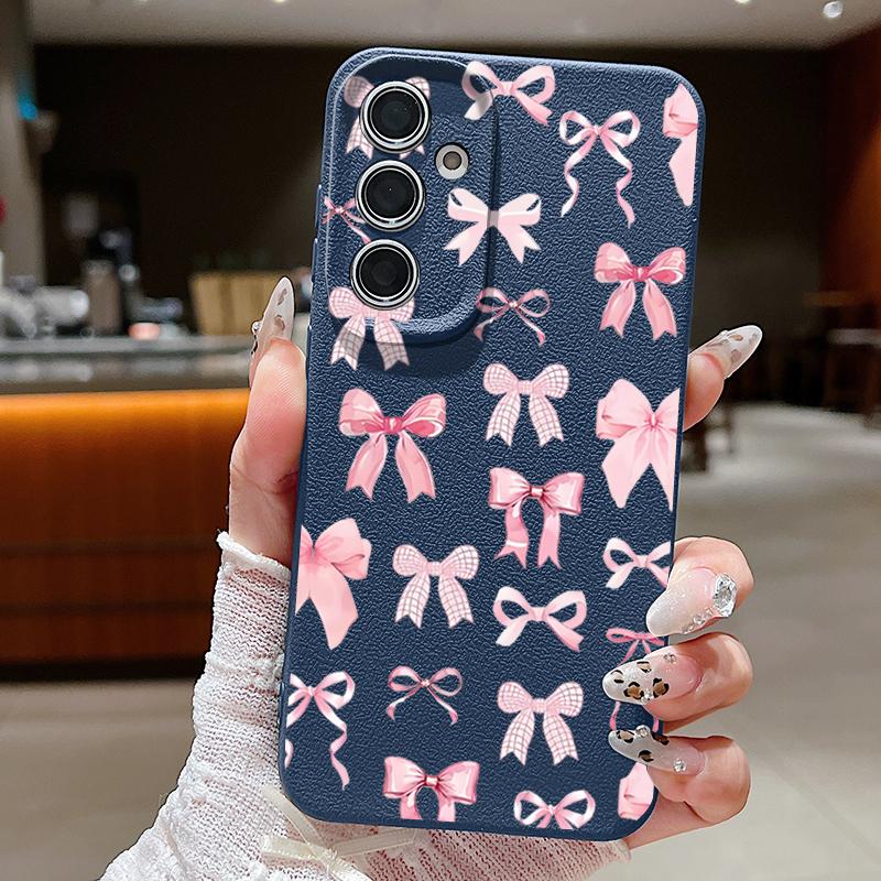 Stoßfeste schlanke Handyhülle mit rosa Schleifendruck für Samsung S25 S24 FE S23 Ultra S22 A56 A36 A16 A55 A26 A35 Ledertextur TPU Weiche matte Bumperabdeckung