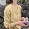 V-neck yellow long-sleeved knitted cardigan top, early autumn new lazy loose thin sweater jacket
