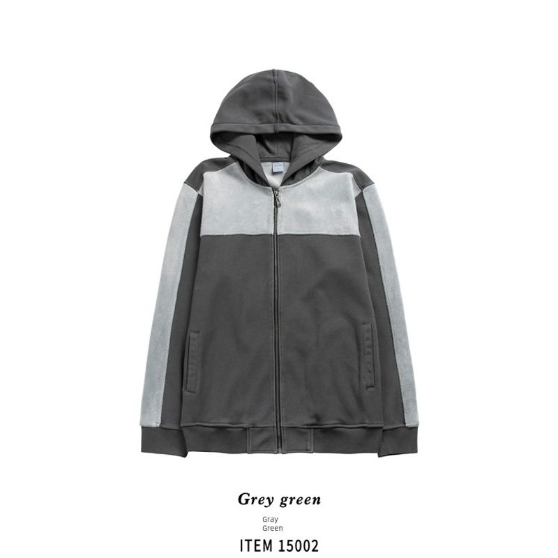 American Retro Style Patchwork Color-Blocking Knitted Jacket for Men, Winter Fleece-Lined Thick Hooded Sweatshirt, Foreign Trade Men s Jacket Gray Green L