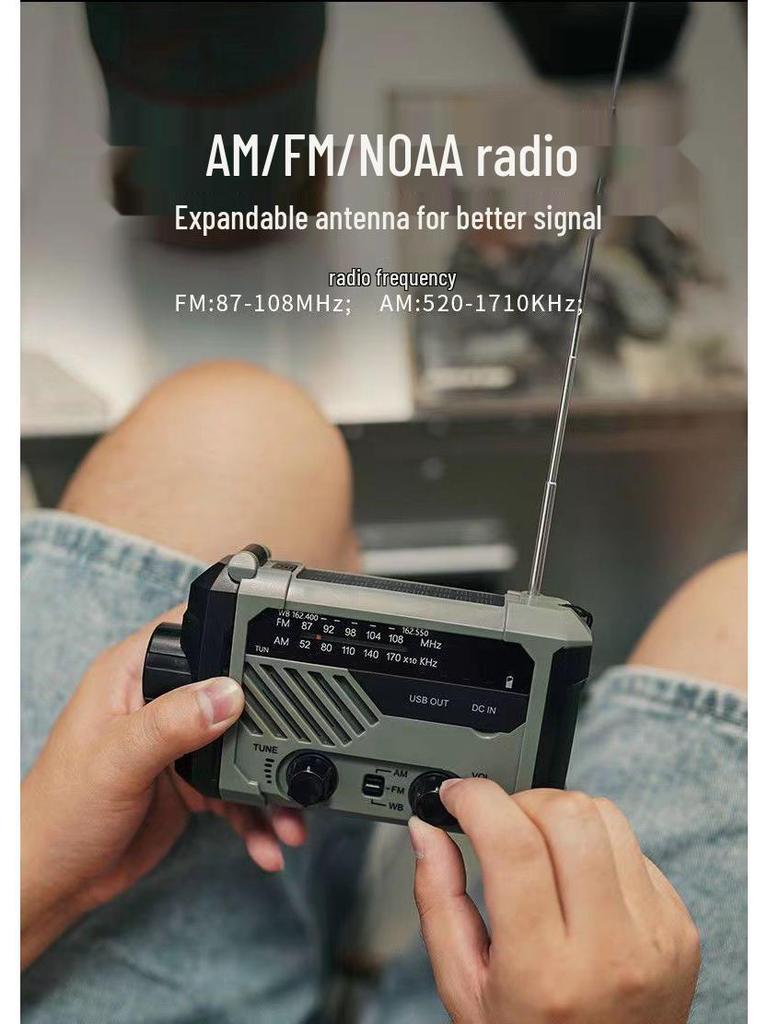 Multifunctional Solar-Powered Emergency Radio & Flashlight with Hand-Crank Power Generator and Waterproof Power Bank