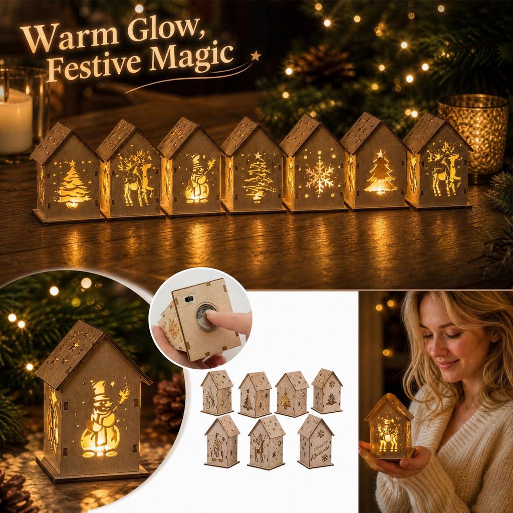 Wooden Christmas House Tabletop Decoration with Light - DIY Assembly Kit with Button Battery, for Holiday Home Decor