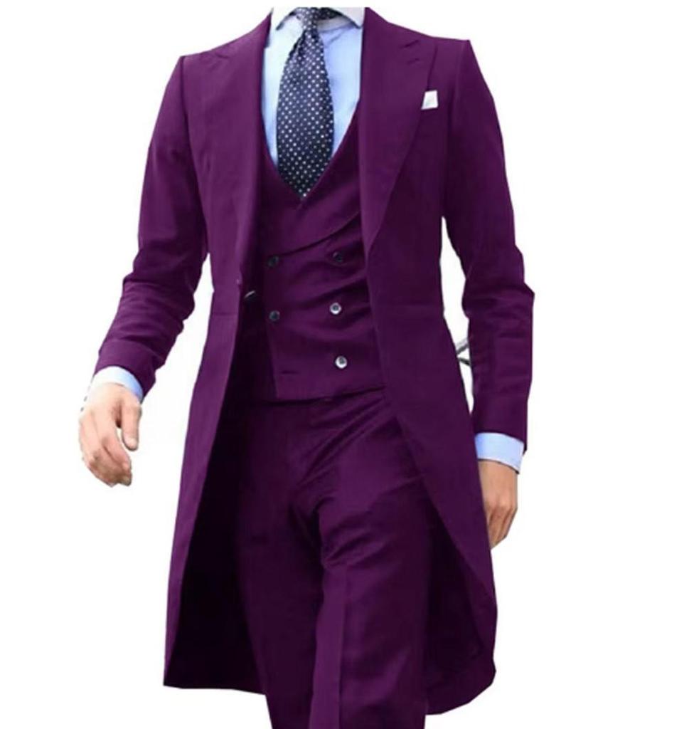 2024 Purple Long Tail Blazer 3 Pieces Gentleman Male Suit Men's Fashion Groom Tuxedo for Wedding Prom Jacket Vest with Pants